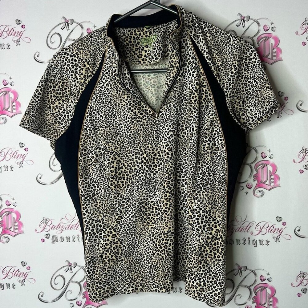 Leopard Print tshirt tee cheetah animal print zip up half Women's Top